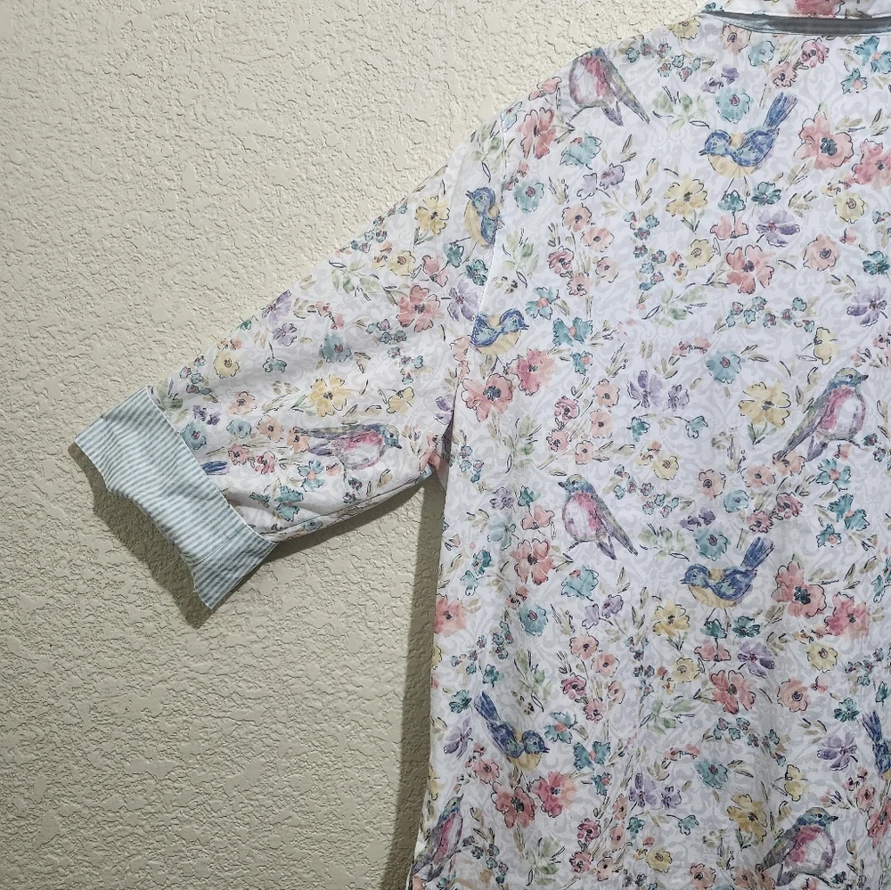Alfred Dunner White Floral and Birds Button Down Shirt Blouse - Picture 5 of 10